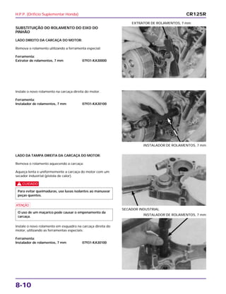 H.P.P. (Orifício Suplementar Honda)
8-10
SUBSTITUIÇÃO DO ROLAMENTO DO EIXO DO
PINHÃO
LADO DIREITO DA CARCAÇA DO MOTOR:
Remova o rolamento utilizando a ferramenta especial:
Ferramenta:
Extrator de rolamentos, 7 mm 07931-KA30000
EXTRATOR DE ROLAMENTOS, 7 mm
LADO DA TAMPA DIREITA DA CARCAÇA DO MOTOR:
Remova o rolamento aquecendo a carcaça:
Aqueça lenta e uniformemente a carcaça do motor com um
secador industrial (pistola de calor).
c
a
Instale o novo rolamento em esquadro na carcaça direita do
motor, utilizando as ferramentas especiais:
Ferramenta:
Instalador de rolamentos, 7 mm 07931-KA30100
O uso de um maçarico pode causar o empenamento da
carcaça.
Para evitar queimaduras, use luvas isolantes ao manusear
peças quentes.
SECADOR INDUSTRIAL
INSTALADOR DE ROLAMENTOS, 7 mm
Instale o novo rolamento na carcaça direita do motor.
Ferramenta:
Instalador de rolamentos, 7 mm 07931-KA30100
INSTALADOR DE ROLAMENTOS, 7 mm
CR125R
 