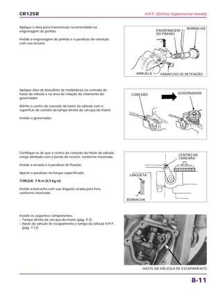 H.P.P. (Orifício Suplementar Honda)
8-11
Aplique o óleo para transmissão recomendado na
engrenagem do pinhão.
Instale a engrenagem do pinhão e o parafuso de retenção
com sua arruela.
Certifique-se de que o centro da conexão da haste da válvula
esteja alinhada com a borda do recorte, conforme mostrado.
Instale a arruela e o parafuso de fixação.
Aperte o parafuso no torque especificado.
TORQUE: 9 N.m (0,9 kg.m)
Instale a borracha com sua lingüeta virada para fora,
conforme mostrado.
Instale os seguintes componentes:
– Tampa direita da carcaça do motor (pág. 9-3)
– Haste da válvula de escapamento e tampa da válvula H.P.P.
(pág. 7-12)
HASTE DA VÁLVULA DE ESCAPAMENTO
Aplique óleo de bissulfeto de molibdênio na conexão da
haste da válvula e na área de rotação do rolamento do
governador.
Alinhe o centro da conexão da haste da válvula com a
superfície de contato da tampa direita da carcaça do motor.
Instale o governador.
CR125R
ENGRENAGEM
DO PINHÃO
BORRACHA
PARAFUSO DE RETENÇÃOARRUELA
CONEXÃO GOVERNADOR
CENTRO DA
CONEXÃO
LINGÜETA
BORRACHA
ÓLEO
 