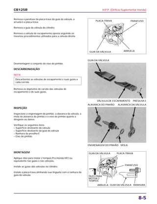 H.P.P. (Orifício Suplementar Honda)
8-5
Remova o parafuso da placa-trava da guia da válvula, a
arruela e a placa-trava.
Remova a guia da válvula do cilindro.
Remova a válvula de escapamento oposta seguindo os
mesmos procedimentos utilizados para a válvula direita.
INSPEÇÃO
Inspecione a engrenagem do pinhão, a alavanca da válvula, a
mola da alavanca do pinhão e o eixo do pinhão quanto a
desgaste ou danos.
Verifique os seguintes itens:
– Superfície deslizante da válvula
– Superfície deslizante da guia da válvula
– Ranhura da presilha E
– Eixo do pinhão
ENGRENAGEM DO PINHÃO MOLA
ALAVANCA DO PINHÃO ALAVANCA DA VÁLVULA
MONTAGEM
Aplique óleo para motor 2 tempos Pro-Honda HP2 ou
equivalente nas guias e nas válvulas.
Instale as guias das válvulas no cilindro.
Instale a placa-trava alinhando sua lingüeta com a ranhura da
guia da válvula.
Desmontagem o conjunto do eixo do pinhão.
DESCARBONIZAÇÃO
NOTA
Remova os depósitos de carvão das válvulas de
escapamento e de suas guias.
Descarbonize as válvulas de escapamento e suas guias a
cada corrida.
VÁLVULA DE ESCAPAMENTO PRESILHA E
GUIA DA VÁLVULA
CR125R
PLACA-TRAVA
GUIA DA VÁLVULA ARRUELA
PARAFUSO
GUIA DA VÁLVULA PLACA-TRAVA
PARAFUSO
ÓLEO PARA
MOTOR 2
TEMPOS
ARRUELA GUIA DA VÁLVULA RANHURA
ÓLEO
 