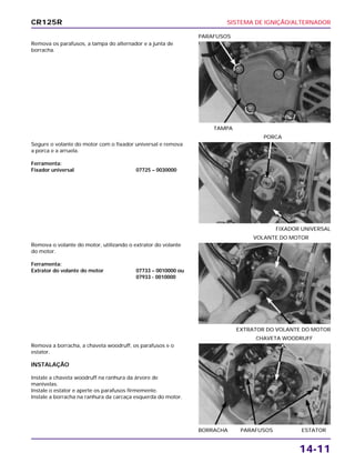 SISTEMA DE IGNIÇÃO/ALTERNADOR
14-11
Remova os parafusos, a tampa do alternador e a junta de
borracha.
TAMPA
PARAFUSOS
Remova o volante do motor, utilizando o extrator do volante
do motor.
Ferramenta:
Extrator do volante do motor 07733 – 0010000 ou
07933 - 0010000
EXTRATOR DO VOLANTE DO MOTOR
VOLANTE DO MOTOR
Remova a borracha, a chaveta woodruff, os parafusos e o
estator.
INSTALAÇÃO
Instale a chaveta woodruff na ranhura da árvore de
manivelas.
Instale o estator e aperte os parafusos firmemente.
Instale a borracha na ranhura da carcaça esquerda do motor.
BORRACHA PARAFUSOS ESTATOR
CHAVETA WOODRUFF
Segure o volante do motor com o fixador universal e remova
a porca e a arruela.
Ferramenta:
Fixador universal 07725 – 0030000
FIXADOR UNIVERSAL
PORCA
CR125R
 