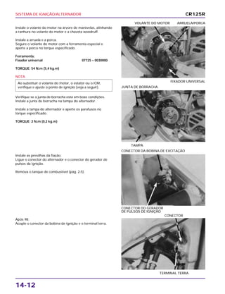 SISTEMA DE IGNIÇÃO/ALTERNADOR
14-12
Instale o volante do motor na árvore de manivelas, alinhando
a ranhura no volante do motor e a chaveta woodruff.
Instale a arruela e a porca.
Segure o volante do motor com a ferramenta especial e
aperte a porca no torque especificado.
Ferramenta:
Fixador universal 07725 – 0030000
TORQUE: 54 N.m (5,4 kg.m)
NOTA
Verifique se a junta de borracha está em boas condições.
Instale a junta de borracha na tampa do alternador.
Instale a tampa do alternador e aperte os parafusos no
torque especificado.
TORQUE: 2 N.m (0,2 kg.m)
Ao substituir o volante do motor, o estator ou o ICM,
verifique e ajuste o ponto de ignição (veja a seguir).
FIXADOR UNIVERSAL
VOLANTE DO MOTOR ARRUELA/PORCA
Instale as presilhas da fiação.
Ligue o conector do alternador e o conector do gerador de
pulsos da ignição.
Remova o tanque de combustível (pág. 2-5).
CONECTOR DO GERADOR
DE PULSOS DE IGNIÇÃO
CONECTOR DA BOBINA DE EXCITAÇÃO
Após 98:
Acople o conector da bobina de ignição e o terminal terra.
TERMINAL TERRA
CONECTOR
TAMPA
JUNTA DE BORRACHA
CR125R
 