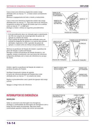 SISTEMA DE IGNIÇÃO/ALTERNADOR
14-14
Caso a marca de referência original do estator esteja
alinhada entre as marcas “F”, o motor estará corretamente
ajustado.
Remova o equipamento de teste e monte a motocicleta.
Caso a marca de referência original do estator não esteja
alinhada entre as marcas “F”, faça uma marca de referência
temporária na placa de fixação do estator que irá se alinhar
entre as marcas “F” a 3.000 rpm.
Desligue o motor e efetue os seguintes procedimentos:
NOTA
Remova os parafusos de fixação do estator, o parafuso da
placa de fixação e a placa de fixação.
Alongue o orifício do parafuso de fixação da placa e, em
seguida, instale-a novamente com sua marca de referência
temporária alinhada com a marca de referência na carcaça
do motor.
• Este procedimento deve ser efetuado após a substituição
do ICM, do conjunto do estator/gerador de pulsos da
ignição ou volante do motor.
• Caso o ponto de ignição tenha sido verificado como um
método de diagnose de defeitos e as marcas não estavam
alinhadas, inspecione o ICM, o gerador de pulsos da
ignição e o estator antes de efetuar este procedimento.
Instale e aperte os parafusos de fixação do estator e o
parafuso da placa de fixação.
Verifique novamente o ponto de ignição.
A marca de referência da placa de fixação deve estar
alinhada entre as marcas “F” no volante do motor.
Repita os procedimentos caso o ponto de ignição não esteja
correto.
Apague a antiga marca de referência.
INTERRUPTOR DE EMERGÊNCIA
INSPEÇÃO
Solte os conectores do interruptor de emergência.
Verifique a continuidade do interruptor de emergência com o
botão do interruptor pressionado. Não deve haver
continuidade quando o botão não estiver pressionado.
CR125R
MARCA DE
REFERÊNCIA
TEMPORÁRIA
MARCA DE REFERÊNCIA
TEMPORÁRIA
MARCA DA
CARCAÇA
DO MOTOR
MARCA “F”
ALONGUE
PLACA DE FIXAÇÃO
PLACA DE FIXAÇÃO
CONECTORES
PARAFUSO
DE FIXAÇÃO
PARAFUSO
DE FIXAÇÃO
MARCA DA
CARCAÇA
DO MOTOR
ANOTE AQUI UMA
NOVA MARCA
INTERRUPTOR DE
EMERGÊNCIA
REMOVA A
MARCA
ANTIGA
PLACA DE FIXAÇÃO
ORIFÍCIO DO
PARAFUSO
 