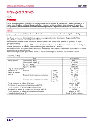 SISTEMA DE IGNIÇÃO/ALTERNADOR
14-2
CR125R
INFORMAÇÕES DE SERVIÇO
GERAL
c
a
• Ao efetuar serviços no sistema de ignição, siga sempre os procedimentos descritos em Diagnose de Defeitos
(pág. 14-3) na seqüência em que são apresentados.
• Normalmente, não é necessário o ajuste do ponto de ignição, pois o Módulo de Controle da Ignição (ICM) é pré-
ajustado na fábrica.
• O Módulo de Controle da Ignição (ICM) pode ser danificado se for derrubado. Além disso, se o conector for desligado
quando houver fluxo de corrente, o excesso de voltagem pode danificar o módulo.
• Defeitos no sistema de ignição estão, muitas vezes, relacionados com conexões inadequadas. Inspecione as conexões
antes de iniciar os procedimentos.
• Use velas de ignição com grau térmico correto. O uso de velas de ignição incorretas pode danificar o motor.
Alguns componentes elétricos podem ser danificados se os terminais ou conectores forem ligados ou desligados.
Se for necessário manter o motor em funcionamento durante os serviços de manutenção e reparo, certifique-se de
que a área esteja bem-ventilada. Nunca mantenha o motor em funcionamento em áreas fechadas. Os gases de
escapamento contêm monóxido de carbono venenoso e podem causar perda de consciência ou até mesmo morte.
Item Especificação
Vela de ignição Convencional (NGK) BR9EG
Convencional (DENSO) W27ESR-V
Opcional (NGK) BR9EV
Opcional (DENSO) W27ESR-G
Folga da vela de ignição 0,5 – 0,6 mm
Resistência da Primária Até 98: 0,4 – 0,6 Ω
bobina de ignição Após 98: 0,2 – 0,4 Ω
(a 20°C) Secundária com supressor de ruídos Até 98: 14 – 23 kΩ
Após 98: 9 – 16 kΩ
Secundária sem supressor de ruídos Até 98: 10 – 16 kΩ
Após 98: 4 – 8 kΩ
Pico de voltagem da bobina de ignição Mínimo de 100 V
Resistência do gerador de pulsos da ignição (a 20°C) 180 – 280 Ω
Pico de voltagem do gerador de pulsos da ignição Mínimo de 0,7 V
Resistência da bobina de excitação do alternador (a 20°C) 9 – 25 Ω
Pico de voltagem da bobina de excitação do alternador Mínimo de 100 V
Ponto de ignição (marca “F”) 30 ± 2° APMS a 3.000 rpm
ESPECIFICAÇÕES
 