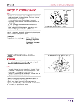 SISTEMA DE IGNIÇÃO/ALTERNADOR
14-5
INSPEÇÃO DO SISTEMA DE IGNIÇÃO
NOTA
Conecte o adaptador de pico de voltagem no multitester ou
utilize o testador de diagnóstico Imrie.
Ferramentas:
Adaptador de pico de voltagem 07HGJ – 0020100 com
Multitester disponível
comercialmente
(impedância mínima de
10 MΩ/CCV)
• Se não houver faísca nas velas, verifique se as conexões
estão soltas ou se os contatos estão incorretos antes de
medir cada pico de voltagem.
• Use o multitester recomendado ou um multitester
disponível comercialmente com impedância mínima de
10 MΩ/CCV.
• O valor mostrado difere dependendo da impedância
interna do multitester.
• Caso seja utilizado um testador de diagnóstico Imrie
(modelo 625), siga as instruções do fabricante.
PICO DE VOLTAGEM DA BOBINA DE IGNIÇÃO
PRIMÁRIA
c
NOTA
Coloque a transmissão em ponto morto e desconecte o
supressor de ruídos da vela de ignição.
Conecte uma vela de ignição em boas condições no
supressor de ruídos e faça o aterramento da vela no cilindro,
da mesma forma que o teste de faísca.
• Verifique todas as conexões do sistema antes de efetuar
a inspeção. Caso o sistema esteja desconectado, o pico
de voltagem medido poderá estar incorreto.
• Verifique a compressão do cilindro e se todas as velas de
ignição estão instaladas corretamente.
Para evitar choques elétricos, não toque nas pontas de
prova do testador e nas velas de ignição.
CR125R
MULTITESTER
ADAPTADOR DE PICO DE VOLTAGEM
VELA DE IGNIÇÃO EM BOAS CONDIÇÕES
 