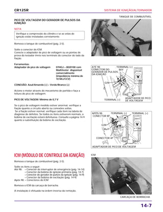 SISTEMA DE IGNIÇÃO/ALTERNADOR
14-7
PICO DE VOLTAGEM DO GERADOR DE PULSOS DA
IGNIÇÃO
NOTA
Remova o tanque de combustível (pág. 2-5).
Solte o conector do ICM.
Conecte o adaptador de pico de voltagem ou as pontas de
prova do testador Imrie nos terminais do conector do lado da
fiação.
Ferramentas:
Adaptador de pico de voltagem 07HGJ – 0020100 com
Multitester disponível
comercialmente
(impedância mínima de
10 MΩ/CCV)
CONEXÃO: Azul/Amarelo (+) – Verde/Branco (–)
Acione o motor através do mecanismo de partida e faça a
leitura do pico de voltagem.
PICO DE VOLTAGEM: Mínimo de 0,7 V
Se o pico de voltagem medido estiver anormal, verifique a
fiação quanto a circuito aberto ou conexões soltas.
Se a fiação estiver normal, verifique cada item na tabela de
diagnose de defeitos. Se todos os itens estiverem normais, a
bobina de excitação estará defeituosa. Consulte a página 14-9
quanto a substituição da bobina de excitação.
Verifique a compressão do cilindro e se as velas de
ignição estão instaladas corretamente.
TANQUE DE COMBUSTÍVEL
ICM (MÓDULO DE CONTROLE DA IGNIÇÃO)
Remova o tanque de combustível (pág. 2-5).
Solte os itens a seguir:
Até 98: – Conector do interruptor de emergência (pág. 14-14)
– Conector da bobina de ignição primária (pág. 14-7)
– Conector do gerador de pulsos da ignição (pág. 14-9)
– Conector da bobina de excitação (pág. 14-9)
Após 98: – Conectores do ICM
Remova o ICM da carcaça de borracha.
A instalação é efetuada na ordem inversa da remoção.
CARCAÇA DE BORRACHA
ICM
CR125R
ADAPTADOR DE PICO
DE VOLTAGEM
ADAPTADOR DE PICO DE VOLTAGEM
ATÉ 98:
APÓS 98:
CONECTOR DO
GERADOR DE PULSOS
DA IGNIÇÃO
TERMINAL (+)
CONECTOR 8P
CONECTOR 4P
TERMINAL (+)
TERMINAL (–)
TERMINAL (–)
G/W
G/W
Bl/Y
Bu/Y
 
