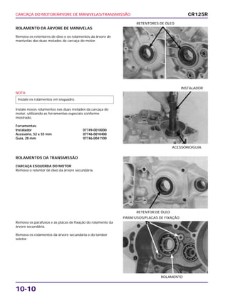 CARCAÇA DO MOTOR/ÁRVORE DE MANIVELAS/TRANSMISSÃO
10-10
ROLAMENTO DA ÁRVORE DE MANIVELAS
Remova os retentores de óleo e os rolamentos da árvore de
manivelas das duas metades da carcaça do motor.
RETENTORES DE ÓLEO
ROLAMENTOS DA TRANSMISSÃO
CARCAÇA ESQUERDA DO MOTOR
Remova o retentor de óleo da árvore secundária.
RETENTOR DE ÓLEO
Remova os parafusos e as placas de fixação do rolamento da
árvore secundária.
Remova os rolamentos da árvore secundária e do tambor
seletor.
ROLAMENTO
PARAFUSOS/PLACAS DE FIXAÇÃO
NOTA
Instale novos rolamentos nas duas metades da carcaça do
motor, utilizando as ferramentas especiais conforme
mostrado.
Ferramentas:
Instalador 07749-0010000
Acessório, 52 x 55 mm 07746-0010400
Guia, 28 mm 07746-0041100
Instale os rolamentos em esquadro.
ACESSÓRIO/GUIA
INSTALADOR
CR125R
 