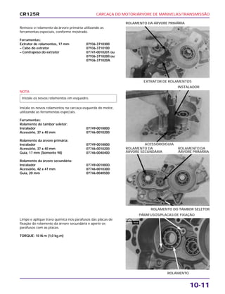 CARCAÇA DO MOTOR/ÁRVORE DE MANIVELAS/TRANSMISSÃO
10-11
Remova o rolamento da árvore primária utilizando as
ferramentas especiais, conforme mostrado.
Ferramentas:
Extrator de rolamentos, 17 mm 07936-3710300
– Cabo do extrator 07936-3710100
– Contrapeso do extrator 07741-0010201 ou
07936-3710200 ou
07936-371020A
EXTRATOR DE ROLAMENTOS
ROLAMENTO DA ÁRVORE PRIMÁRIA
ROLAMENTO DO TAMBOR SELETOR
ROLAMENTO DA ROLAMENTO DA
ÁRVORE SECUNDÁRIA ÁRVORE PRIMÁRIA
Limpe e aplique trava química nos parafusos das placas de
fixação do rolamento da árvore secundária e aperte os
parafusos com as placas.
TORQUE: 10 N.m (1,0 kg.m)
ROLAMENTO
PARAFUSOS/PLACAS DE FIXAÇÃO
NOTA
Instale os novos rolamentos na carcaça esquerda do motor,
utilizando as ferramentas especiais.
Ferramentas:
Rolamento do tambor seletor:
Instalador 07749-0010000
Acessório, 37 x 40 mm 07746-0010200
Rolamento da árvore primária:
Instalador 07749-0010000
Acessório, 37 x 40 mm 07746-0010200
Guia, 17 mm (Somente 98) 07746-0040400
Rolamento da árvore secundária:
Instalador 07749-0010000
Acessório, 42 x 47 mm 07746-0010300
Guia, 20 mm 07746-0040500
Instale os novos rolamentos em esquadro.
ACESSÓRIO/GUIA
INSTALADOR
CR125R
TRAVA
 