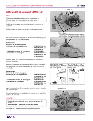 CARCAÇA DO MOTOR/ÁRVORE DE MANIVELAS/TRANSMISSÃO
10-16
MONTAGEM DA CARCAÇA DO MOTOR
NOTA
Instale os pinos-guia, uma nova junta e um novo anel de
vedação.
Instale o tubo de respiro na carcaça esquerda do motor.
Antes da montagem, lubrifique os rolamentos da
transmissão com óleo para transmissão novo.
PINOS-GUIA
JUNTAS
Posicione a carcaça esquerda na direita utilizando o conjunto
de montagem da carcaça do motor.
Ferramentas:
Conjunto de ferramentas para
montagem da carcaça do motor 07965-1660100 ou
07965-1660101 ou
07965-1660102
– Cabo da ferramenta de montagem 07965-1660200
– Espaçador de montagem 07965-1660300 ou
07965-1660301 ou
07965-1660302
Aplique graxa na cavidade existente entre os lábios dos
retentores de óleo.
Instale os retentores de óleo na carcaça do motor utilizando a
ferramenta de montagem da carcaça do motor, conforme
mostrado.
Ferramentas:
Conjunto de ferramentas para
montagem da carcaça do motor 07965-1660100 ou
07965-1660101 ou
07965-1660102
– Cabo da ferramenta de montagem 07965-1660200
– Espaçador de montagem 07965-1660300 ou
07965-1660301 ou
0765-1660302
Aperte os parafusos da carcaça do motor em ordem cruzada,
em 2 ou 3 etapas.
Remova cuidadosamente a junta remanescente na superfície
da base do cilindro.
a
Verifique se a árvore de manivelas gira suavemente.
. Não deixe os resíduos de junta caírem na carcaça do
motor.
. Não danifique a superfície da base do cilindro.
PARAFUSOS
CONJUNTO DE FERRAMENTAS PARA
MONTAGEM DA CARCAÇA DO MOTOR
CR125R
RETENTOR DE ÓLEO
ESQUERDO DA ÁRVORE
DE MANIVELAS
RETENTOR DE ÓLEO
DIREITO DA ÁRVORE DE
MANIVELAS
GRAXA
GRAXA
NOVA
 