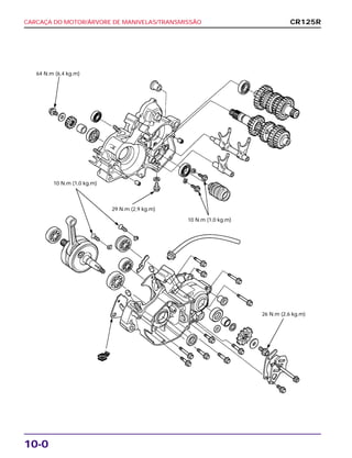 10-0
CARCAÇA DO MOTOR/ÁRVORE DE MANIVELAS/TRANSMISSÃO CR125R
NOVO
64 N.m (6,4 kg.m)
10 N.m (1,0 kg.m)
10 N.m (1,0 kg.m)
29 N.m (2,9 kg.m)
26 N.m (2,6 kg.m)
 