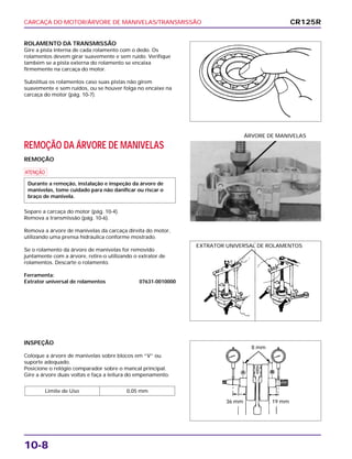 CARCAÇA DO MOTOR/ÁRVORE DE MANIVELAS/TRANSMISSÃO
10-8
ROLAMENTO DA TRANSMISSÃO
Gire a pista interna de cada rolamento com o dedo. Os
rolamentos devem girar suavemente e sem ruído. Verifique
também se a pista externa do rolamento se encaixa
firmemente na carcaça do motor.
Substitua os rolamentos caso suas pistas não girem
suavemente e sem ruídos, ou se houver folga no encaixe na
carcaça do motor (pág. 10-7).
INSPEÇÃO
Coloque a árvore de manivelas sobre blocos em “V” ou
suporte adequado.
Posicione o relógio comparador sobre o mancal principal.
Gire a árvore duas voltas e faça a leitura do empenamento.
Limite de Uso 0,05 mm
REMOÇÃO DA ÁRVORE DE MANIVELAS
REMOÇÃO
a
Separe a carcaça do motor (pág. 10-4).
Remova a transmissão (pág. 10-6).
Remova a árvore de manivelas da carcaça direita do motor,
utilizando uma prensa hidráulica conforme mostrado.
Se o rolamento da árvore de manivelas for removido
juntamente com a árvore, retire-o utilizando o extrator de
rolamentos. Descarte o rolamento.
Ferramenta:
Extrator universal de rolamentos 07631-0010000
Durante a remoção, instalação e inspeção da árvore de
manivelas, tome cuidado para não danificar ou riscar o
braço de manivela.
ÁRVORE DE MANIVELAS
CR125R
EXTRATOR UNIVERSAL DE ROLAMENTOS
8 mm
36 mm 19 mm
 