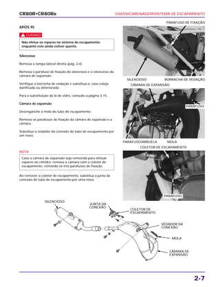 CHASSI/CARENAGEM/SISTEMA DE ESCAPAMENTO
2-7
APÓS 95
c
Silencioso
Remova a tampa lateral direita (pág. 2-4).
Remova o parafuso de fixação do silencioso e o silencioso da
câmara de expansão.
Verifique a borracha de vedação e substitua-a, caso esteja
danificada ou deteriorada.
Para a substituição da lã de vidro, consulte a página 3-15.
Câmara de expansão
Desenganche a mola do tubo de escapamento.
Remova os parafusos de fixação da câmara de expansão e a
câmara.
Substitua o vedador da conexão do tubo de escapamento por
um novo.
Não efetue os reparos no sistema de escapamento
enquanto este ainda estiver quente.
SILENCIOSO BORRACHA DE VEDAÇÃO
PARAFUSO DE FIXAÇÃO
NOTA
Ao remover o coletor de escapamento, substitua a junta da
conexão do tubo de escapamento por uma nova.
Caso a câmara de expansão seja removida para efetuar
reparos no cilindro, remova a câmara com o coletor de
escapamento, retirando os três parafusos de fixação.
COLETOR DE ESCAPAMENTO
PARAFUSO/ARRUELA MOLA
CÂMARA DE EXPANSÃO
CR80R•CR80RB
SILENCIOSO
CÂMARA DE
EXPANSÃO
VEDADOR DA
CONEXÃO
MOLA
COLETOR DE
ESCAPAMENTO
JUNTA DA
CONEXÃO
PARAFUSO
PARAFUSO
 