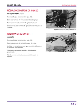 SISTEMA DE IGNIÇÃO
13-9
MÓDULO DE CONTROLE DA IGNIÇÃO
REMOÇÃO/INSTALAÇÃO
Remova o tanque de combustível (pág. 2-5).
Solte os conectores do módulo de controle da ignição.
Remova o módulo de controle da ignição do chassi.
Instale o módulo de controle da ignição na ordem inversa da
remoção.
MÓDULO DE CONTROLE DA IGNIÇÃO
INTERRUPTOR DO MOTOR
INSPEÇÃO
Remova o tanque de combustível (pág. 2-5).
Solte os conectores do fio do interruptor do motor.
Verifique o interruptor do motor quanto a continuidade entre
os terminais dos conectores.
Deve haver continuidade quando o interruptor for
pressionado.
Não deve haver continuidade quando o interruptor for
liberado.
CR80R•CR80RB
 