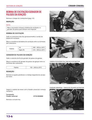 SISTEMA DE IGNIÇÃO
13-6
BOBINA DE EXCITAÇÃO/GERADOR DE
PULSOS DA IGNIÇÃO
Remova o tanque de combustível (pág. 2-5).
INSPEÇÃO
NOTA
BOBINA DE EXCITAÇÃO
Solte os conectores dos fios (preto/vermelho e verde) da
bobina de excitação.
Meça a resistência da bobina de excitação entre os terminais
dos conectores.
GERADOR DE PULSOS DA IGNIÇÃO
Solte o conector do fio do gerador de pulsos da ignição.
Meça a resistência do gerador de pulsos da ignição entre os
terminais dos conectores.
REMOÇÃO
Remova os quatro parafusos e a tampa esquerda da carcaça
do motor.
Padrão 150 – 240 Ω a 20°C
Padrão
95 290 – 350 Ω a 20°C
Após 95 210 – 350 Ω a 20°C
Não é necessário remover a bobina de excitação e o
gerador de pulsos para efetuar esta inspeção.
TAMPA ESQUERDA DA CARCAÇA DO MOTOR
Segure o volante do motor com o fixador universal e remova
sua porca.
Ferramenta:
Fixador universal 07725-0030000
Remova a arruela lisa.
FIXADOR UNIVERSAL PORCA DO VOLANTE DO MOTOR
CR80R•CR80RB
F E R R A M E N TA
E S P E C I A L
 