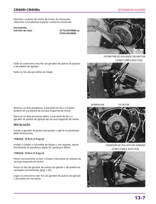SISTEMA DE IGNIÇÃO
13-7
Remova o volante do motor da árvore de manivelas
utilizando a ferramenta especial, conforme mostrado.
Ferramenta:
Extrator do rotor 07733-0010000 ou
07933-0010000
EXTRATOR DO VOLANTE DO MOTOR
Remova os dois parafusos, a borracha do fio e o estator
(bobina de excitação) da carcaça esquerda do motor.
Remova os dois parafusos Allen, a borracha do fio e o
gerador de pulsos da ignição da carcaça esquerda do motor.
INSTALAÇÃO
Instale o gerador de pulsos da ignição e aperte os parafusos
Allen firmemente.
TORQUE: 10 N.m (1,0 kg.m)
Instale o estator e a presilha da fiação e, em seguida, aperte
firmemente os parafusos (Após 95: parafusos Allen).
TORQUE: 10 N.m (1,0 kg.m)
Passe corretamente os fios e instale a borracha na ranhura da
carcaça esquerda do motor.
Passe os fios do gerador de pulsos da ignição e da bobina de
excitação corretamente (pág. 1-23).
Ligue os conectores dos fios do gerador de pulsos da ignição
e da bobina de excitação.
GERADOR DE PULSOS DA IGNIÇÃO
BORRACHA ESTATOR
CONECTORES DOS FIOS
Solte os conectores dos fios do gerador de pulsos da ignição
e da bobina de ignição.
Solte os fios das presilhas da fiação.
CONECTORES DOS FIOS
CR80R•CR80RB
F E R R A M E N TA
E S P E C I A L
 