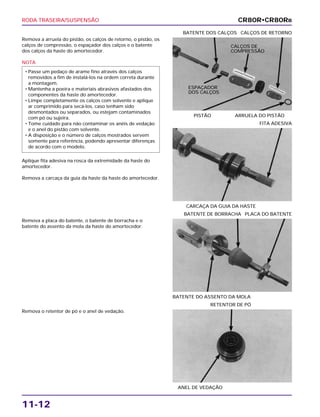 RODA TRASEIRA/SUSPENSÃO
11-12
Remova a arruela do pistão, os calços de retorno, o pistão, os
calços de compressão, o espaçador dos calços e o batente
dos calços da haste do amortecedor.
NOTA
Aplique fita adesiva na rosca da extremidade da haste do
amortecedor.
Remova a carcaça da guia da haste da haste do amortecedor.
• Passe um pedaço de arame fino através dos calços
removidos a fim de instalá-los na ordem correta durante
a montagem.
• Mantenha a poeira e materiais abrasivos afastados dos
componentes da haste do amortecedor.
• Limpe completamente os calços com solvente e aplique
ar comprimido para secá-los, caso tenham sido
desmontados ou separados, ou estejam contaminados
com pó ou sujeira.
• Tome cuidado para não contaminar os anéis de vedação
e o anel do pistão com solvente.
• A disposição e o número de calços mostrados servem
somente para referência, podendo apresentar diferenças
de acordo com o modelo.
PISTÃO ARRUELA DO PISTÃO
BATENTE DOS CALÇOS CALÇOS DE RETORNO
Remova a placa do batente, o batente de borracha e o
batente do assento da mola da haste do amortecedor.
BATENTE DO ASSENTO DA MOLA
BATENTE DE BORRACHA PLACA DO BATENTE
Remova o retentor de pó e o anel de vedação.
ANEL DE VEDAÇÃO
RETENTOR DE PÓ
CARCAÇA DA GUIA DA HASTE
FITA ADESIVA
CR80R•CR80RB
CALÇOS DE
COMPRESSÃO
ESPAÇADOR
DOS CALÇOS
 