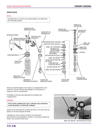 RODA TRASEIRA/SUSPENSÃO
11-14
MONTAGEM
NOTA
A disposição e o número de calços podem ser diferentes
do mostrado abaixo.
Antes da desmontagem, lave todos os componentes com
solvente, exceto os anéis de vedação e os retentores, e
seque-os com ar comprimido.
Certifique-se de que não haja poeira ou fiapos nos
componentes.
a
Instale uma nova guia do retentor de óleo e um novo anel de
apoio na carcaça da guia da haste.
Lubrifique o novo retentor de óleo com óleo para
amortecedor recomendado e instale-o na carcaça da guia da
haste. Use somente óleo novo.
Tome muito cuidado para que o solvente não contamine
o anel do pistão e os anéis de vedação.
ANEL DE APOIO RETENTOR DE ÓLEO
GUIA DO RETENTOR DE ÓLEO
CR80R•CR80RB
RESERVATÓRIO
MANGUEIRA DO
RESERVATÓRIO
CARCAÇA DO
AMORTECEDOR
BATENTE DO
ASSENTO
BATENTE DE
BORRACHA
ESPAÇADOR DOS CALÇOS
BATENTE DOS CALÇOS
ANEL DE VEDAÇÃO
BORRACHA
DE RETORNO
ASSENTO DE
RETORNO
RETENTOR DE ÓLEO
ANEL DE APOIO
GUIA DO RETENTOR
DE ÓLEO
CARCAÇA DA
GUIA DA HASTE
RETENTOR DE PÓ
ANEL DE RETENÇÃO
PORCA DA
EXTREMIDADE
ARRUELA
DO PISTÃO
CALÇOS DE
RETORNO
ANEL DO
PISTÃO
ANÉIS DE
VEDAÇÃO
PISTÃO
CALÇOS DE
COMPRESSÃOPLACA DO
BATENTE
HASTE DO
AMORTECEDOR
ASSENTO
INFERIOR DA MOLA
MOLA DO
AMORTECEDOR
PORCA DE
AJUSTE
CONTRAPORCA
NOVO
ATF
 