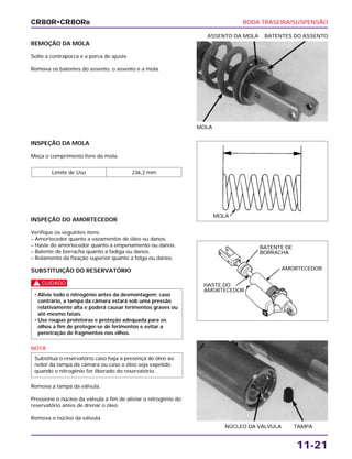 RODA TRASEIRA/SUSPENSÃO
11-21
REMOÇÃO DA MOLA
Solte a contraporca e a porca de ajuste.
Remova os batentes do assento, o assento e a mola.
MOLA
ASSENTO DA MOLA BATENTES DO ASSENTO
NÚCLEO DA VÁLVULA TAMPA
INSPEÇÃO DA MOLA
Meça o comprimento livre da mola.
INSPEÇÃO DO AMORTECEDOR
Verifique os seguintes itens:
– Amortecedor quanto a vazamentos de óleo ou danos.
– Haste do amortecedor quanto a empenamento ou danos.
– Batente de borracha quanto a fadiga ou danos.
– Rolamento da fixação superior quanto a folga ou danos.
SUBSTITUIÇÃO DO RESERVATÓRIO
c
NOTA
Remova a tampa da válvula.
Pressione o núcleo da válvula a fim de aliviar o nitrogênio do
reservatório antes de drenar o óleo.
Remova o núcleo da válvula.
Substitua o reservatório caso haja a presença de óleo ao
redor da tampa da câmara ou caso o óleo seja expelido
quando o nitrogênio for liberado do reservatório.
• Alivie todo o nitrogênio antes da desmontagem; caso
contrário, a tampa da câmara estará sob uma pressão
relativamente alta e poderá causar ferimentos graves ou
até mesmo fatais.
• Use roupas protetoras e proteção adequada para os
olhos a fim de proteger-se de ferimentos e evitar a
penetração de fragmentos nos olhos.
Limite de Uso 236,2 mm
CR80R•CR80RB
MOLA
BATENTE DE
BORRACHA
AMORTECEDOR
HASTE DO
AMORTECEDOR
 