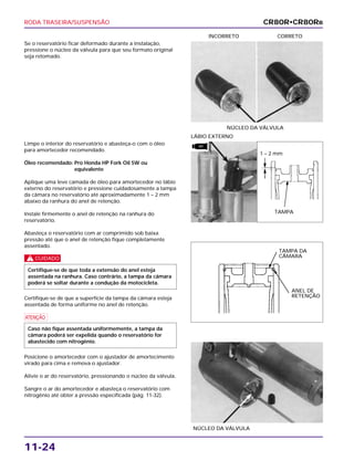 RODA TRASEIRA/SUSPENSÃO
11-24
Se o reservatório ficar deformado durante a instalação,
pressione o núcleo da válvula para que seu formato original
seja retomado.
NÚCLEO DA VÁLVULA
INCORRETO CORRETO
NÚCLEO DA VÁLVULA
Limpe o interior do reservatório e abasteça-o com o óleo
para amortecedor recomendado.
Óleo recomendado: Pro Honda HP Fork Oil 5W ou
equivalente
Aplique uma leve camada de óleo para amortecedor no lábio
externo do reservatório e pressione cuidadosamente a tampa
da câmara no reservatório até aproximadamente 1 – 2 mm
abaixo da ranhura do anel de retenção.
Instale firmemente o anel de retenção na ranhura do
reservatório.
Abasteça o reservatório com ar comprimido sob baixa
pressão até que o anel de retenção fique completamente
assentado.
c
Certifique-se de que a superfície da tampa da câmara esteja
assentada de forma uniforme no anel de retenção.
a
Posicione o amortecedor com o ajustador de amortecimento
virado para cima e remova o ajustador.
Alivie o ar do reservatório, pressionando o núcleo da válvula.
Sangre o ar do amortecedor e abasteça o reservatório com
nitrogênio até obter a pressão especificada (pág. 11-32).
Caso não fique assentada uniformemente, a tampa da
câmara poderá ser expelida quando o reservatório for
abastecido com nitrogênio.
Certifique-se de que toda a extensão do anel esteja
assentada na ranhura. Caso contrário, a tampa da câmara
poderá se soltar durante a condução da motocicleta.
LÁBIO EXTERNO
CR80R•CR80RB
TAMPA
TAMPA DA
CÂMARA
ANEL DE
RETENÇÃO
1 – 2 mm
ATF
 