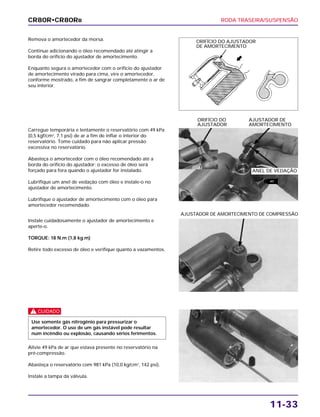 RODA TRASEIRA/SUSPENSÃO
11-33
Remova o amortecedor da morsa.
Continue adicionando o óleo recomendado até atingir a
borda do orifício do ajustador de amortecimento.
Enquanto segura o amortecedor com o orifício do ajustador
de amortecimento virado para cima, vire o amortecedor,
conforme mostrado, a fim de sangrar completamente o ar de
seu interior.
Instale cuidadosamente o ajustador de amortecimento e
aperte-o.
TORQUE: 18 N.m (1,8 kg.m)
Retire todo excesso de óleo e verifique quanto a vazamentos.
AJUSTADOR DE AMORTECIMENTO DE COMPRESSÃO
c
Alivie 49 kPa de ar que estava presente no reservatório na
pré-compressão.
Abasteça o reservatório com 981 kPa (10,0 kg/cm2
, 142 psi).
Instale a tampa da válvula.
Use somente gás nitrogênio para pressurizar o
amortecedor. O uso de um gás instável pode resultar
num incêndio ou explosão, causando sérios ferimentos.
Carregue temporária e lentamente o reservatório com 49 kPa
(0,5 kgf/cm2
, 7,1 psi) de ar a fim de inflar o interior do
reservatório. Tome cuidado para não aplicar pressão
excessiva no reservatório.
Abasteça o amortecedor com o óleo recomendado até a
borda do orifício do ajustador; o excesso de óleo será
forçado para fora quando o ajustador for instalado.
Lubrifique um anel de vedação com óleo e instale-o no
ajustador de amortecimento.
Lubrifique o ajustador de amortecimento com o óleo para
amortecedor recomendado.
ORIFÍCIO DO AJUSTADOR DE
AJUSTADOR AMORTECIMENTO
CR80R•CR80RB
ORIFÍCIO DO AJUSTADOR
DE AMORTECIMENTO
ANEL DE VEDAÇÃO
ATF
 