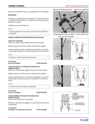 RODA TRASEIRA/SUSPENSÃO
11-37
Remova os retentores de pó e os espaçadores de articulação.
INSPEÇÃO
Verifique os espaçadores de articulação, os retentores de pó,
os rolamentos de agulhas e o rolamento de esferas quanto a
desgaste ou danos.
Substitua as peças defeituosas.
NOTA
SUBSTITUIÇÃO DO ROLAMENTO DE AGULHAS
HASTE DE CONEXÃO
Remova o rolamento de agulhas da haste de conexão.
Aplique graxa nos roletes do novo rolamento de agulhas.
Instale cuidadosamente o rolamento de agulhas na haste de
conexão até que fique a 8 mm da superfície externa da haste.
NOTA
Ferramenta:
Eixo do instalador 07946-MJ00100
LADO DA HASTE DE CONEXÃO DO BRAÇO DO
AMORTECEDOR
Remova o rolamento de agulhas do braço do amortecedor.
Aplique graxa nos roletes do novo rolamento de agulhas.
Instale cuidadosamente o rolamento de agulhas no braço do
amortecedor até que fique a 8 mm da superfície externa do
braço.
NOTA
Ferramenta:
Eixo do instalador 07946-MJ00100
LADO DO BRAÇO OSCILANTE DO BRAÇO DO
AMORTECEDOR
Remova uma bucha com um punção.
Remova o rolamento de agulhas e a outra bucha do braço do
amortecedor.
Ferramenta:
Instalador do rolamento de esferas 07946-KA30200
Pressione o lado marcado do rolamento.
Pressione o lado marcado do rolamento.
Tenha cuidado para não perder os roletes dos rolamentos
de agulhas.
ESPAÇADOR DE ARTICULAÇÃO RETENTOR DE PÓ
BRAÇO DO AMORTECEDOR HASTE DE CONEXÃO
EIXO DO INSTALADOR
CR80R•CR80RB
F E R R A M E N TA
E S P E C I A L
F E R R A M E N TA
E S P E C I A L
8 mm
8 mm
GRAXA
GRAXA
INSTALADOR DO
ROLAMENTO DE
ESFERAS
ROLAMENTO
DE AGULHAS
BUCHA
F E R R A M E N TA
E S P E C I A L
 