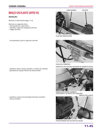 RODA TRASEIRA/SUSPENSÃO
11-45
BRAÇO OSCILANTE (APÓS 95)
REMOÇÃO
Remova a roda traseira (pág. 11-4).
Remova os seguintes itens:
– dois parafusos e pára-barro
– parafuso e guia da mangueira do freio
– cáliper do freio
GUIA DA MANGUEIRA
PÁRA-BARRO CÁLIPER
– parafuso entre o braço oscilante e a haste de conexão
– parafuso de fixação inferior do amortecedor
PARAFUSO ENTRE O BRAÇO
OSCILANTE E A HASTE DE CONEXÃO
PARAFUSO DE FIXAÇÃO INFERIOR DO AMORTECEDOR
– parafuso e porca de articulação do braço oscilante
– braço oscilante
PORCA/PARAFUSO DE ARTICULAÇÃO
BRAÇO OSCILANTE
– três parafusos, porca e guia da corrente
GUIA DA CORRENTE
CR80R•CR80RB
 