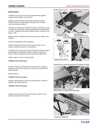 RODA TRASEIRA/SUSPENSÃO
11-47
INSTALAÇÃO
Certifique-se de que os roletes do rolamento de agulhas
estejam posicionados corretamente.
Aplique graxa nos lábios dos novos retentores de pó e
instale-os de forma que fiquem nivelados com a borda
externa do braço oscilante.
Verifique as tampas dos retentores de pó e substitua-as, caso
os lábios dos retentores estejam desgastados ou danificados,
ou caso a espessura da parte metálica exceda o limite de uso
(pág. 11-40).
Aplique graxa nos lábios dos retentores de pó e instale suas
tampas.
Instale os espaçadores de articulação.
Instale o deslizador da corrente de transmissão com as
quatro arruelas de fixação e os parafusos.
Certifique-se de que as arruelas de fixação do motor estejam
posicionadas corretamente. Instale o braço oscilante no
chassi e insira o parafuso de articulação pelo lado direito.
Instale e aperte a porca de articulação.
TORQUE: 80 N.m (8,0 kg.m)
ESPAÇADORES TAMPAS DOS
DE ARTICULAÇÃO RETENTORES DE PÓ
RETENTORES DE PÓ DESLIZADOR DA CORRENTE
Conecte a haste de conexão no braço oscilante e instale o
parafuso entre o braço oscilante e a haste de conexão pelo
lado esquerdo.
Aperte a porca.
TORQUE: 60 N.m (6,0 kg.m)
Instale o amortecedor no braço do amortecedor e aperte o
parafuso de fixação inferior.
TORQUE: 43 N.m (4,3 kg.m)
PARAFUSO ENTRE O BRAÇO
OSCILANTE E A HASTE DE CONEXÃO
PARAFUSO DE FIXAÇÃO INFERIOR DO AMORTECEDOR
Instale a guia da corrente de transmissão e aperte os três
parafusos e porcas firmemente.
GUIA DA CORRENTE
PORCA/PARAFUSO DE ARTICULAÇÃO
CR80R•CR80RB
GRAXA
GRAXA
GRAXA
GRAXA
ARRUELAS
BRAÇO OSCILANTE
 
