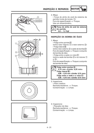 INSPEÇÃO E REPAROS              MOTOR

       2. Meça:
          • Força de atrito do anel do sistema de
          partida (mola de torção 1 )
          Fora de especificação => Troque.
          Use um dinamômetro.

              Força de atrito do anel do sistema
              de partida:
               0,8 ~ 1,2 Kgf


       INSPEÇÃO DA BOMBA DE ÓLEO
       1. Meça:
          • Folga entre pontas A
          (entre rotor interno 1 e rotor externo 2 )
          • Folga lateral B
          (entre rotor externo 2 e sede da bomba 3 )
          Fora de especificação => Troque o conjunto
          da bomba de óleo.
          • Folga entre a sede e o rotor C
          (entre a sede da bomba 3 e os rotores 1
          e 2)
          Fora de especificação => Troque o conjunto
          da bomba de óleo.

              Folga entre pontas A :
               0,15 mm <Limite: 0,20 mm>
              Folga lateral B :
               0,06 ~ 0,10 mm <Limite: 0,15 mm>
              Folga entre a sede e o rotor C :
               0,06 ~ 0,10 mm <Limite: 0,15 mm>

       2. Inspecione:
          • Filtro rotativo
          Rachaduras/danos => Troque.
          Contaminação => Limpe.




       3. Inspecione:
          • Pescador de óleo
          Rachaduras/danos => Troque.
          Contaminação => Limpe.




  4 - 31
 