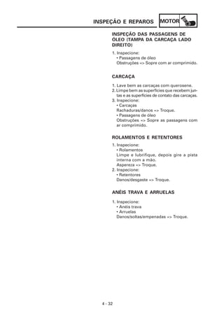 INSPEÇÃO E REPAROS               MOTOR

       INSPEÇÃO DAS PASSAGENS DE
       ÓLEO (TAMPA DA CARCAÇA LADO
       DIREITO)
       1. Inspecione:
          • Passagens de óleo
          Obstruções => Sopre com ar comprimido.


       CARCAÇA
       1. Lave bem as carcaças com querosene.
       2. Limpe bem as superfícies que recebem jun-
          tas e as superfícies de contato das carcaças.
       3. Inspecione:
          • Carcaças
          Rachaduras/danos => Troque.
          • Passagens de óleo
          Obstruções => Sopre as passagens com
          ar comprimido.

       ROLAMENTOS E RETENTORES
       1. Inspecione:
          • Rolamentos
          Limpe e lubrifique, depois gire a pista
          interna com a mão.
          Aspereza => Troque.
       2. Inspecione:
          • Retentores
          Danos/desgaste => Troque.


       ANÉIS TRAVA E ARRUELAS

       1. Inspecione:
          • Anéis trava
          • Arruelas
          Danos/soltas/empenadas => Troque.




  4 - 32
 