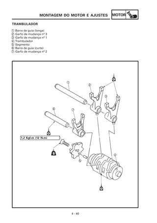 MONTAGEM DO MOTOR E AJUSTES   MOTOR

TRAMBULADOR

1   Barra de guia (longa)
2   Garfo de mudança nº 3
3   Garfo de mudança nº 1
4   Trambulador
5   Segmento
6   Barra de guia (curta)
7   Garfo de mudança nº 2




       1,2 Kgf.m (12 N.m)




                                4 - 40
 