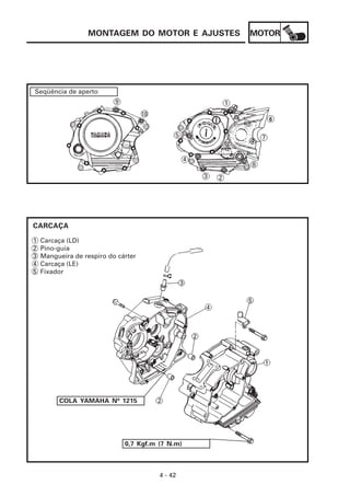 MONTAGEM DO MOTOR E AJUSTES     MOTOR




Seqüência de aperto




CARCAÇA

1   Carcaça (LD)
2   Pino-guia
3   Mangueira de respiro do cárter
4   Carcaça (LE)
5   Fixador




         COLA YAMAHA Nº 1215




                              0,7 Kgf.m (7 N.m)



                                        4 - 42
 
