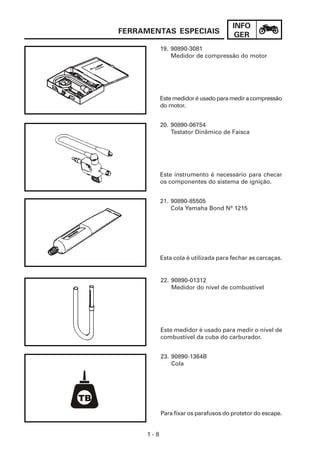 INFO
FERRAMENTAS ESPECIAIS                  GER
           19. 90890-3081
               Medidor de compressão do motor




           Este medidor é usado para medir a compressão
           do motor.


           20. 90890-06754
               Testator Dinâmico de Faisca




           Este instrumento é necessário para checar
           os componentes do sistema de ignição.


           21. 90890-85505
               Cola Yamaha Bond Nº 1215




           Esta cola é utilizada para fechar as carcaças.


           22. 90890-01312
               Medidor do nível de combustível




           Este medidor é usado para medir o nível de
           combustível da cuba do carburador.


           23. 90890-1364B
               Cola




           Para fixar os parafusos do protetor do escape.


     1-8
 