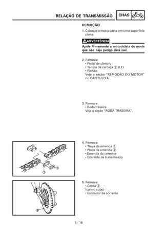 RELAÇÃO DE TRANSMISSÃO                   CHAS

            REMOÇÃO
            1. Coloque a motocicleta em uma superfície
               plana.

            VADVERTÊNCIA
            Apóie firmemente a motocicleta de modo
            que não haja perigo dela cair.


            2. Remova:
               • Pedal de câmbio
               • Tampa da carcaça 2 (LE)
               • Pinhão
               Veja a seção “REMOÇÃO DO MOTOR”
               no CAPÍTULO 4.




            3. Remova:
               • Roda traseira
               Veja a seção “RODA TRASEIRA”.




            4. Remova:
               • Trava da emenda 1
               • Placa da emenda 2
               • Emenda da corrente
               • Corrente de transmissão




            5. Remova:
               • Coroa 2
               (com o cubo)
               • Esticador da corrente




       6 - 16
 