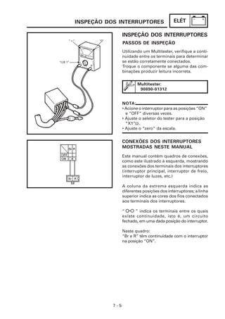INSPEÇÃO DOS INTERRUPTORES                  ELÉT

                 INSPEÇÃO DOS INTERRUPTORES
                 PASSOS DE INSPEÇÃO
                 Utilizando um Multitester, verifique a conti-
                 nuidade entre os terminais para determinar
                 se estão corretamente conectados.
                 Troque o componente se alguma das com-
                 binações produzir leitura incorreta.


                         Multitester:
                          90890-01312


                 NOTA:
                 • Acione o interruptor para as posições “ON”
                   e “OFF” diversas vezes.
                 • Ajuste o seletor do tester para a posição
                   “X1”Ω .
                 • Ajuste o “zero” da escala.


                 CONEXÕES DOS INTERRUPTORES
                 MOSTRADAS NESTE MANUAL
                 Este manual contém quadros de conexões,
                 como este ilustrado à esquerda, mostrando
                 as conexões dos terminais dos interruptores
                 (interruptor principal, interruptor de freio,
                 interruptor de luzes, etc.)

                 A coluna da extrema esquerda indica as
                 diferentes posições dos interruptores; a linha
                 superior indica as cores dos fios conectados
                 aos terminais dos interruptores.

                 “     ” indica os terminais entre os quais
                 existe continuidade, isto é, um circuito
                 fechado, em uma dada posição do interruptor.

                 Neste quadro:
                 “Br e R” têm continuidade com o interruptor
                 na posição “ON”.




           7-5
 