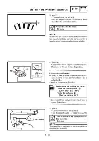 SISTEMA DE PARTIDA ELÉTRICA               ELÉT

               3. Medir:
                  • Profundidade da Mica a
                  Fora de especificação => Raspar a Mica
                  usando uma lâmina de serra.

                      Profundidade da mica:
                       1,5 mm

               NOTA:
               O isolante de Mica do comutador necessita
               ter a profundidade correta para permitir o
               funcionamento adequado do comutador.




               4. Verificar:
                  • Bobina do rotor (isolação/continuidade)
                  Defeitos => Trocar motor de partida.

               ************************************
               Passos de verificação:
               • Conectar o MULTITESTER conforme a ilus-
                 tração para testar continuidade 1 e
                 isolação 2 .
               • Medir a resistência do rotor.

                       Resistência da bobina do rotor:
                        Teste de continuidade 1 :
                          0,017~0,021 Ω a 20°C
                        Teste de isolação 2 :
                          Mais de 1M Ω a 20°C

               • Se a resistência estiver incorreta, trocar o
                 motor de partida.
               ************************************

               5. Medir:
                  • Comprimento das escovas a
                  Fora de especificação => Trocar o conjunto.

                      Limite mínimo de comprimento
                      das escovas:
                        3,5 mm
               NOTA:
               Tomar cuidado ao trocar as escovas, pois um
               dos lados é soldado.


          7 - 18
 