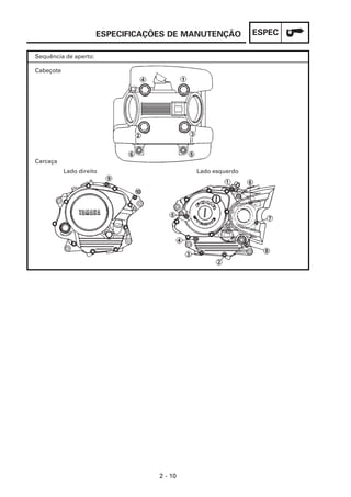 ESPECIFICAÇÕES DE MANUTENÇÃO         ESPEC

Sequência de aperto:

Cabeçote




Carcaça
           Lado direito                     Lado esquerdo




                                   2 - 10
 