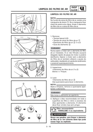 INSP
LIMPEZA DO FILTRO DE AR              AJUS
          LIMPEZA DO FILTRO DE AR

          NOTA:
          No fundo da caixa do filtro de ar, existe uma
          mangueira de dreno 1 . Se a mangueira ficar
          cheia de poeira e/ou água, limpe o elemento
          do filtro de ar e caixa do filtro de ar.




          1. Remova:
             • Tampa lateral (LD)
             • Tampa da caixa do filtro de ar 1
             • Elemento do filtro de ar 2 (1 e 2)
             • Guia do elemento 3

           CUIDADO:
          Nunca opere o motor sem o elemento do filtro
          de ar instalado. O ar não filtrado causará
          desgaste rápido de peças do motor e poderá
          danificá-lo. Operar o motor sem o elemento
          do filtro de ar também afetará o ajuste do
          carburador, resultando em perda de rendimento
          e possível superaquecimento.

          2. Inspecione:
             • Elemento do filtro de ar (1 e 2)
             Danos => Troque.


          3. Lave:
             • Elemento do filtro de ar 2
             Use querosene para lavar o elemento.
          NOTA:
          Após a limpeza, remova o querosene aper-
          tando o elemento.

          CUIDADO:
          Não torça o elemento ao apertá-lo.

          4. Aplique o óleo recomendado em toda a
             superfície do filtro e retire o excesso de
             óleo apertando o elemento. O elemento
             deve ficar úmido mas sem pingar.

                  Óleo recomendado:
                   YAMALUBE 4 ou equivalente.

              V ADVERTÊNCIA
          Nunca use gasolina, para limpar o elemento
          do filtro de ar. Um solvente deste tipo pode
          causar fogo ou explosão.

     3 - 15
 