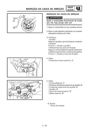 INSP
INSPEÇÃO DA CAIXA DE DIREÇÃO                 AJUS
                 INSPEÇÃO DA CAIXA DE DIREÇÃO

                     V ADVERTÊNCIA
                 Apóie a motocicleta firmemente de modo
                 que não haja perigo dela cair.

                 1. Apóie a motocicleta em seu cavalete central.

                 2. Eleve a roda dianteira colocando um suporte
                    adequado embaixo do motor.

                 3. Verifique:
                    • Guidão
                    Segure o guidão e gire de batente a batente
                    a direção.
                    Frouxo => Ajuste o guidão.
                    • Rolamentos da caixa de direção
                    Segure a extremidade dos garfos dianteiros
                    e balance suavemente o conjunto dos garfos.
                    Frouxo => Ajuste a caixa de direção.

                 4. Solte:
                    • Parafusos (mesa superior) 1




                 5. Solte:
                    • Cintas plásticas 1
                    • Parafusos (fixadores superiores do guidão) 2
                    • Fixadores superiores do guidão 3
                    • Guidão 4
                    • Porca da mesa superior 5
                    • Mesa superior 6




                     6. Ajuste:
                        • Caixa de direção




            3 - 20
 
