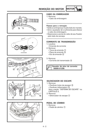 REMOÇÃO DO MOTOR                  MOTOR

            CABO DA EMBREAGEM
            1. Remova:
               • Cabo da embreagem


            *************************************
            Passos para a remoção:
            • Solte a contraporca 1 pelo lado do manete.
            • Gire o ajustador 2 o suficiente para liberar
              o cabo da embreagem.
            • Desencaixe a ponta do cabo de seu fixador
              pelo lado da carcaça.
            *************************************
            CORRENTE DE TRANSMISSÃO
            1. Localize:
               • Emenda da corrente
            2. Remova:
               • Trava da emenda 1
               • Placa da emenda 3
               • Elo da emenda 2

            3. Remova:
               • Corrente de transmissão 4


                   Sacador do pino da corrente:
                    90890-01286




            SILENCIADOR DO ESCAPE
            1. Remova:
               • Parafuso (tubo de escape) 2
               • Parafuso (silenciador) 3
               Veja a seção “SISTEMA DE ESCAPE” no
               CAPÍTULO 3.
            2. Remova:
               • Silenciador do escape 1



            PEDAL DE CÂMBIO
1
            1. Remova:
               • Pedal de câmbio 1




      4-2
 