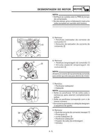 DESMONTAGEM DO MOTOR                 MOTOR

            NOTA:
            • Verifique se o pistão está no PMS do tempo
              de compressão.
            • Se não estiver, gire o virabrequim mais uma
              volta completa em sentido anti-horário.

            *************************************




            5. Remova:
               • Parafuso (esticador da corrente de
               comando) 1
               • Conjunto do esticador da corrente de
               comando 2




            6. Remova:
               • Parafuso (engrenagem do comando) 1
               • Arruela especial (engrenagem do
               comando) 2

            NOTA:
            Amarre um arame 3 na corrente de comando
            para evitar que ela caia para dentro do motor.



            7. Remova:
               • Parafusos (cabeçote)
               • Cabeçote
            NOTA:
            • Solte os parafusos 1/4 de volta cada e
              remova-os após estarem completamente
              soltos.
            • Solte os parafusos começando com o de
              menor número.
            • Os números gravados no cabeçote designam
              a seqüência de aperto.

            8. Remova:
               • Guia da corrente de comando (escape) 1
               • Pinos-guia 2
               • Junta (cabeçote) 3
               • Parafusos (cabeçote)
               • Fixador do cabo da embreagem
               • Cilindro



      4-5
 