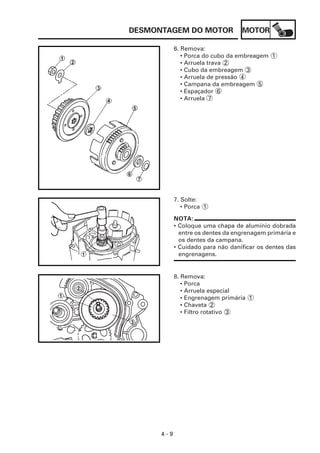 DESMONTAGEM DO MOTOR               MOTOR

            6. Remova:
               • Porca do cubo da embreagem 1
               • Arruela trava 2
               • Cubo da embreagem 3
               • Arruela de pressão 4
               • Campana da embreagem 5
               • Espaçador 6
               • Arruela 7




            7. Solte:
               • Porca 1

            NOTA:
            • Coloque uma chapa de alumínio dobrada
              entre os dentes da engrenagem primária e
              os dentes da campana.
            • Cuidado para não danificar os dentes das
              engrenagens.


            8. Remova:
               • Porca
               • Arruela especial
               • Engrenagem primária 1
               • Chaveta 2
               • Filtro rotativo 3




      4-9
 