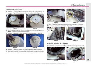 Este documento não pode ser reproduzido ou fornecido a terceiros sem a autorização da Electrolux do Brasil S.A.
25
7. Desmontagem
Figura 27 Figura 28
Figura 29 Figura 30
Figura 31 Figura 32
Figura 33 Figura 34
Figura 35
7.5 SISTEMA DE SECAGEM
1°	 Retire os 5 parafusos Phillips que fixam a tampa do motoventilador de
secagem (Figura 27) e solte o conector do motoventilador (Figura 28).
2°	 Com uma chave canhão 10 mm, retire a porca da ventoinha (Figura 29).
F NOTA: Esta porca possui rosca esquerda.
3°	 Retire os 3 parafusos Phillips que fixam o motoventilador (Figura 30).
4°	 Retire os 8 parafusos Phillips que fixam a tampa do duto (Figura 31).
5°	 Solte os terminais do termostato e da resistência de secagem (Figura 32).
6°	 Retire o parafuso Phillips que fixa a resistência de secagem (Figura 33).
7°	 Desencaixe o termistor de secagem (Figura 34).
7.6 TAMPA FRONTAL DO GABINETE
1°	 Solte a mola de fixação da gaxeta (Figura 35) e desencaixe a gaxeta (Figura 36).
Figura 36
 