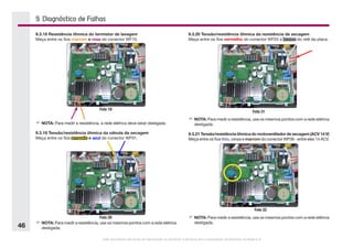 Este documento não pode ser reproduzido ou fornecido a terceiros sem a autorização da Electrolux do Brasil S.A.
46
9. Diagnóstico de Falhas
9.3.18 Resistência ôhmica do termistor de lavagem
Meça entre os fios marrom e rosa do conector WF10.
F	NOTA: Para medir a resistência, a rede elétrica deve estar desligada.
9.3.19 Tensão/resistência ôhmica da válvula da secagem
Meça entre os fios amarelo e azul do conector WF01.
Foto 19
Foto 20
F	NOTA: Para medir a resistência, use os mesmos pontos com a rede elétrica
desligada.
9.3.20 Tensão/resistência ôhmica da resistência de secagem
Meça entre os fios vermelho do conector WF03 e branco do relê da placa.
Foto 21
F	NOTA: Para medir a resistência, use os mesmos pontos com a rede elétrica
desligada.
9.3.21 Tensão/resistência ôhmica do motoventilador de secagem (ACV 14 V)
Meça entre os fios lilás, cinza e marrom do conector WF08 - entre eles 14 ACV.
Foto 22
F	NOTA: Para medir a resistência, use os mesmos pontos com a rede elétrica
desligada.
 