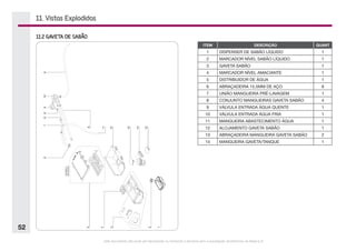Este documento não pode ser reproduzido ou fornecido a terceiros sem a autorização da Electrolux do Brasil S.A.
52
11.2 GAVETA DE SABÃO
ITEM DESCRIÇÃO QUANT
1 DISPENSER DE SABÃO LÍQUIDO 1
2 MARCADOR NÍVEL SABÃO LÍQUIDO 1
3 GAVETA SABÃO 1
4 MARCADOR NÍVEL AMACIANTE 1
5 DISTRIBUIDOR DE ÁGUA 1
6 ABRAÇADEIRA 15,5MM DE AÇO 8
7 UNIÃO MANGUEIRA PRÉ-LAVAGEM 1
8 CONJUNTO MANGUEIRAS GAVETA SABÃO 4
9 VÁLVULA ENTRADA ÁGUA QUENTE 1
10 VÁLVULA ENTRADA ÁGUA FRIA 1
11 MANGUEIRA ABASTECIMENTO ÁGUA 1
12 ALOJAMENTO GAVETA SABÃO 1
13 ABRAÇADEIRA MANGUEIRA GAVETA SABÃO 2
14 MANGUEIRA GAVETA/TANQUE 1
11. Vistas Explodidas
 