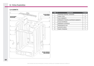 Este documento não pode ser reproduzido ou fornecido a terceiros sem a autorização da Electrolux do Brasil S.A.
54
11. Vistas Explodidas
11.4 GABINETE
ITEM DESCRIÇÃO QUANT
1 TRAVESSA FRONTAL INFERIOR 1
2 TRAVA-TOPO 8
3 ALÇA GABINETE 2
4 ARREMATE FRONTAL SUPERIOR GABINETE 1
5 PLACA POTÊNCIA 1
6 ARREMATE SUPERIOR 1
7 PASSAGEM DE AR 1
8 SUPORTE MOLA 2
9 TAMPA TRASEIRA 1
 