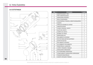 Este documento não pode ser reproduzido ou fornecido a terceiros sem a autorização da Electrolux do Brasil S.A.
56
11. Vistas Explodidas
11.6 CESTO/TANQUE
ITEM DESCRIÇÃO QUANT
1 AMORTECEDOR 110N 2
2 PINO AMORTECEDOR 4
3 MANGUEIRA RESPIRO 1
4 MOLA SUSPENSÃO 2
5 CONTRAPESO FRONTAL DIREITO/ESQUERDO 1
6 GAXETA 1
7 PRESILHA BOMBA DE SPRAY 1
8 AMORTECEDOR 2
9 CORPO FRONTAL CESTO 1
10 ALETA DO CESTO 3
11 CORPO DO CESTO 1
12 BOMBA DE SPRAY 1
13 MANGUEIRA AR 1
14 ROLAMENTO EXTERNO 1
15 ROTOR PARA MOTOR ELÉTRICO 1
16 ESTATOR MOTOR 1
17 ROLAMENTO INTERNO 1
18 ALOJAMENTO ROLAMENTO 1
19 RESISTÊNCIA LAVADORA 1
20 CORPO TRASEIRO TANQUE 1
21 MANGUEIRA DRENAGEM 1
22 ELETROBOMBA DRENAGEM 1
23 COMPLEMENTO MANGUEIRA DRENAGEM 1
24 FIXADOR RESISTÊNCIA 1
25 GAXETA VEDAÇÃO TANQUE 1
 