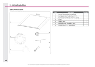 Este documento não pode ser reproduzido ou fornecido a terceiros sem a autorização da Electrolux do Brasil S.A.
58
11. Vistas Explodidas
11.8 TOPO/ACESSÓRIOS
ITEM DESCRIÇÃO QUANT
1 CURVA MANGUEIRA DRENAGEM 1
2 MANGUEIRA ENTRADA ÁGUA FRIA 1
2 MANGUEIRA ENTRADA ÁGUA QUENTE 1
3 TOPO 1
4 TAPA-FUROS 2
5 ABRAÇADEIRA 15,5MM DE AÇO 1
6 CHAVE AJUSTE PÉ NIVELADOR 1
 