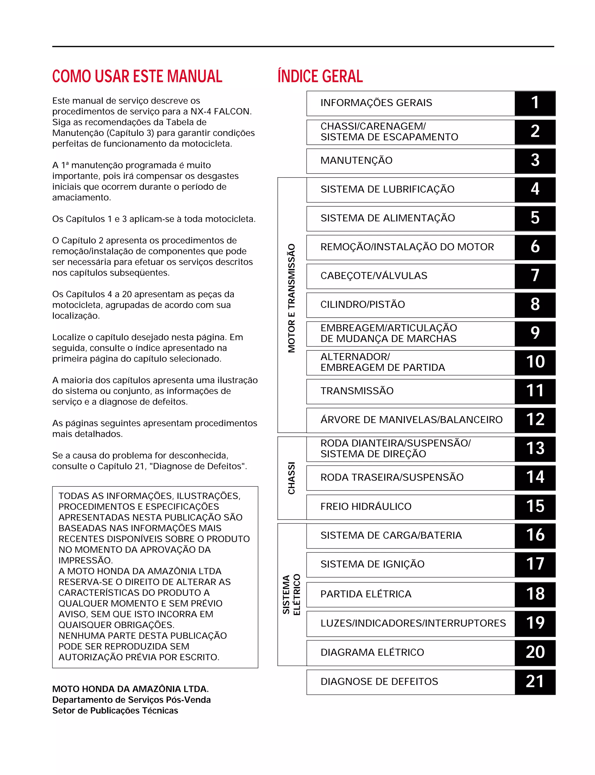 COMO USAR ESTE MANUAL
Este manual de serviço descreve os
procedimentos de serviço para a NX-4 FALCON.
Siga as recomendações da Tabela de
Manutenção (Capítulo 3) para garantir condições
perfeitas de funcionamento da motocicleta.
A 1ª manutenção programada é muito
importante, pois irá compensar os desgastes
iniciais que ocorrem durante o período de
amaciamento.
Os Capítulos 1 e 3 aplicam-se à toda motocicleta.
O Capítulo 2 apresenta os procedimentos de
remoção/instalação de componentes que pode
ser necessária para efetuar os serviços descritos
nos capítulos subseqüentes.
Os Capítulos 4 a 20 apresentam as peças da
motocicleta, agrupadas de acordo com sua
localização.
Localize o capítulo desejado nesta página. Em
seguida, consulte o índice apresentado na
primeira página do capítulo selecionado.
A maioria dos capítulos apresenta uma ilustração
do sistema ou conjunto, as informações de
serviço e a diagnose de defeitos.
As páginas seguintes apresentam procedimentos
mais detalhados.
Se a causa do problema for desconhecida,
consulte o Capítulo 21, "Diagnose de Defeitos".
MOTO HONDA DA AMAZÔNIA LTDA.
Departamento de Serviços Pós-Venda
Setor de Publicações Técnicas
TODAS AS INFORMAÇÕES, ILUSTRAÇÕES,
PROCEDIMENTOS E ESPECIFICAÇÕES
APRESENTADAS NESTA PUBLICAÇÃO SÃO
BASEADAS NAS INFORMAÇÕES MAIS
RECENTES DISPONÍVEIS SOBRE O PRODUTO
NO MOMENTO DA APROVAÇÃO DA
IMPRESSÃO.
A MOTO HONDA DA AMAZÔNIA LTDA
RESERVA-SE O DIREITO DE ALTERAR AS
CARACTERÍSTICAS DO PRODUTO A
QUALQUER MOMENTO E SEM PRÉVIO
AVISO, SEM QUE ISTO INCORRA EM
QUAISQUER OBRIGAÇÕES.
NENHUMA PARTE DESTA PUBLICAÇÃO
PODE SER REPRODUZIDA SEM
AUTORIZAÇÃO PRÉVIA POR ESCRITO.
INFORMAÇÕES GERAIS
CHASSI/CARENAGEM/
SISTEMA DE ESCAPAMENTO
MANUTENÇÃO
SISTEMA DE LUBRIFICAÇÃO
SISTEMA DE ALIMENTAÇÃO
REMOÇÃO/INSTALAÇÃO DO MOTOR
CABEÇOTE/VÁLVULAS
CILINDRO/PISTÃO
EMBREAGEM/ARTICULAÇÃO
DE MUDANÇA DE MARCHAS
ALTERNADOR/
EMBREAGEM DE PARTIDA
TRANSMISSÃO
ÁRVORE DE MANIVELAS/BALANCEIRO
RODA DIANTEIRA/SUSPENSÃO/
SISTEMA DE DIREÇÃO
RODA TRASEIRA/SUSPENSÃO
FREIO HIDRÁULICO
SISTEMA DE CARGA/BATERIA
SISTEMA DE IGNIÇÃO
PARTIDA ELÉTRICA
LUZES/INDICADORES/INTERRUPTORES
DIAGRAMA ELÉTRICO
DIAGNOSE DE DEFEITOS
1
2
3
4
5
6
7
8
9
10
11
12
13
14
15
16
17
18
19
20
21
ÍNDICE GERAL
SISTEMA
ELÉTRICO
CHASSIMOTORETRANSMISSÃO
 