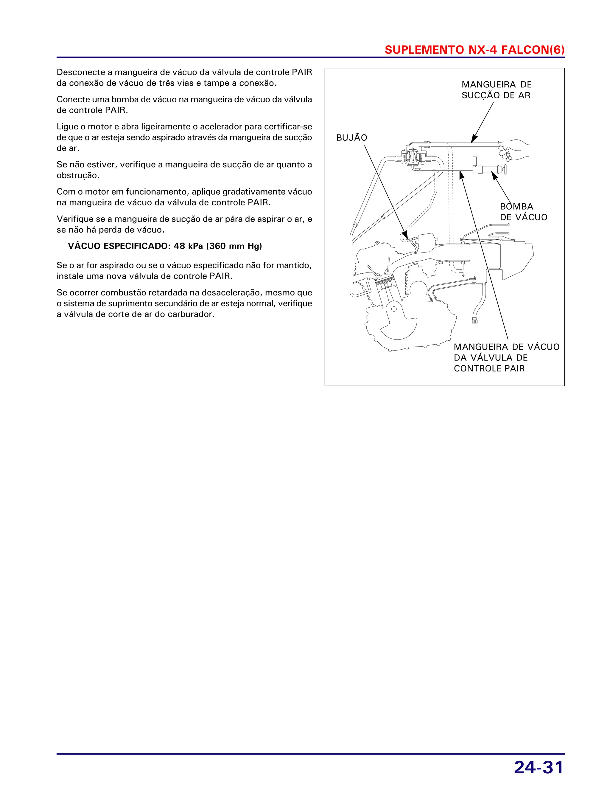SUPLEMENTO NX-4 FALCON(6)
24-31
Desconecte a mangueira de vácuo da válvula de controle PAIR
da conexão de vácuo de três vias e tampe a conexão.
Conecte uma bomba de vácuo na mangueira de vácuo da válvula
de controle PAIR.
Ligue o motor e abra ligeiramente o acelerador para certificar-se
de que o ar esteja sendo aspirado através da mangueira de sucção
de ar.
Se não estiver, verifique a mangueira de sucção de ar quanto a
obstrução.
Com o motor em funcionamento, aplique gradativamente vácuo
na mangueira de vácuo da válvula de controle PAIR.
Verifique se a mangueira de sucção de ar pára de aspirar o ar, e
se não há perda de vácuo.
VÁCUO ESPECIFICADO: 48 kPa (360 mm Hg)
Se o ar for aspirado ou se o vácuo especificado não for mantido,
instale uma nova válvula de controle PAIR.
Se ocorrer combustão retardada na desaceleração, mesmo que
o sistema de suprimento secundário de ar esteja normal, verifique
a válvula de corte de ar do carburador.
BUJÃO
MANGUEIRA DE
SUCÇÃO DE AR
BOMBA
DE VÁCUO
MANGUEIRA DE VÁCUO
DA VÁLVULA DE
CONTROLE PAIR
 