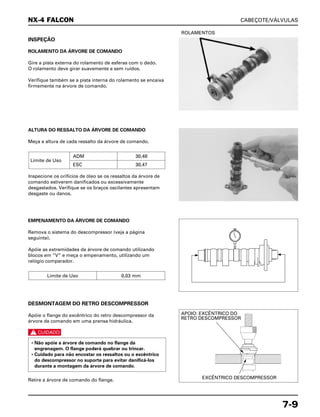 CABEÇOTE/VÁLVULAS
7-9
INSPEÇÃO
ROLAMENTO DA ÁRVORE DE COMANDO
Gire a pista externa do rolamento de esferas com o dedo.
O rolamento deve girar suavemente e sem ruídos.
Verifique também se a pista interna do rolamento se encaixa
firmemente na árvore de comando.
ROLAMENTOS
EMPENAMENTO DA ÁRVORE DE COMANDO
Remova o sistema do descompressor (veja a página
seguinte).
Apóie as extremidades da árvore de comando utilizando
blocos em “V” e meça o empenamento, utilizando um
relógio comparador.
Limite de Uso 0,03 mm
DESMONTAGEM DO RETRO DESCOMPRESSOR
Apóie o flange do excêntrico do retro descompressor da
árvore de comando em uma prensa hidráulica.
c
Retire a árvore de comando do flange.
• Não apóie a árvore de comando no flange da
engrenagem. O flange poderá quebrar ou trincar.
• Cuidado para não encostar os ressaltos ou o excêntrico
do descompressor no suporte para evitar danificá-los
durante a montagem da árvore de comando.
ALTURA DO RESSALTO DA ÁRVORE DE COMANDO
Meça a altura de cada ressalto da árvore de comando.
Inspecione os orifícios de óleo se os ressaltos da árvore de
comando estiverem danificados ou excessivamente
desgastados. Verifique se os braços oscilantes apresentam
desgaste ou danos.
Limite de Uso
ADM 30,48
ESC 30,47
NX-4 FALCON
APOIO: EXCÊNTRICO DO
RETRO DESCOMPRESSOR
EXCÊNTRICO DESCOMPRESSOR
 