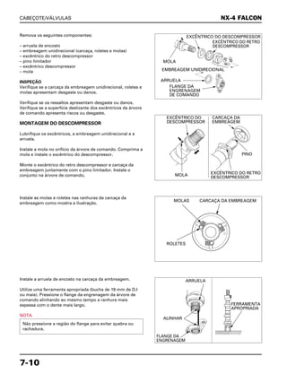 CABEÇOTE/VÁLVULAS
7-10
Remova os seguintes componentes:
– arruela de encosto
– embreagem unidirecional (carcaça, roletes e molas)
– excêntrico do retro descompressor
– pino limitador
– excêntrico descompressor
– mola
INSPEÇÃO
Verifique se a carcaça da embreagem unidirecional, roletes e
molas apresentam desgaste ou danos.
Verifique se os ressaltos apresentam desgaste ou danos.
Verifique se a superfície deslizante dos excêntricos da árvore
de comando apresenta riscos ou desgaste.
MONTAGEM DO DESCOMPRESSOR
Lubrifique os excêntricos, a embreagem unidirecional e a
arruela.
Instale a mola no orifício da árvore de comando. Comprima a
mola e instale o excêntrico do descompressor.
Monte o excêntrico do retro descompressor e carcaça da
embreagem juntamente com o pino limitador. Instale o
conjunto na árvore de comando.
Instale as molas e roletes nas ranhuras da carcaça da
embreagem como mostra a ilustração.
Instale a arruela de encosto na carcaça da embreagem.
Utilize uma ferramenta apropriada (bucha de 19 mm de D.I
ou mais). Pressione o flange da engrenagem da árvore de
comando alinhando ao mesmo tempo a ranhura mais
espessa com o dente mais largo.
NOTA
Não pressione a região do flange para evitar quebra ou
rachadura.
NX-4 FALCON
EXCÊNTRICO DO DESCOMPRESSOR
MOLA
EXCÊNTRICO DO RETRO
DESCOMPRESSOR
EMBREAGEM UNIDIRECIONAL
ARRUELA
FLANGE DA
ENGRENAGEM
DE COMANDO
EXCÊNTRICO DO
DESCOMPRESSOR
CARCAÇA DA
EMBREAGEM
PINO
MOLA EXCÊNTRICO DO RETRO
DESCOMPRESSOR
MOLAS CARCAÇA DA EMBREAGEM
ROLETES
ARRUELA
FERRAMENTA
APROPRIADA
ALINHAR
FLANGE DA
ENGRENAGEM
 